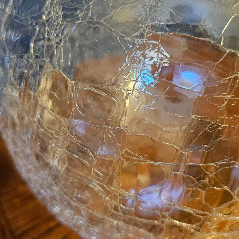 Vintage Handcrafted Clear Crackle Glass Rose Bowl Vase 12 inch Round Centerpiece
